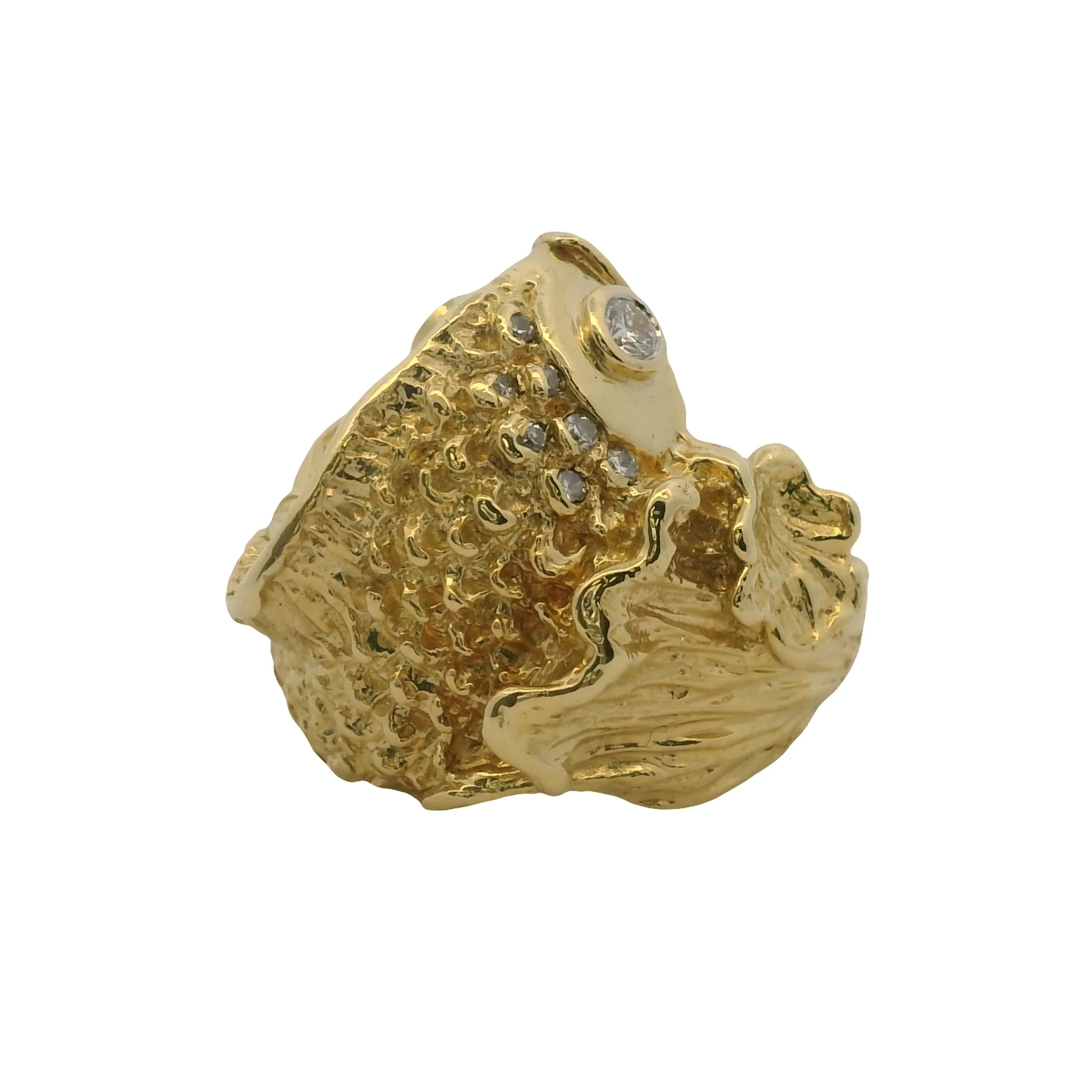 Vintage Solid 18kt Yellow Gold and Diamond 3D Textured 20.6g Fish Statement Ring Size 6.5