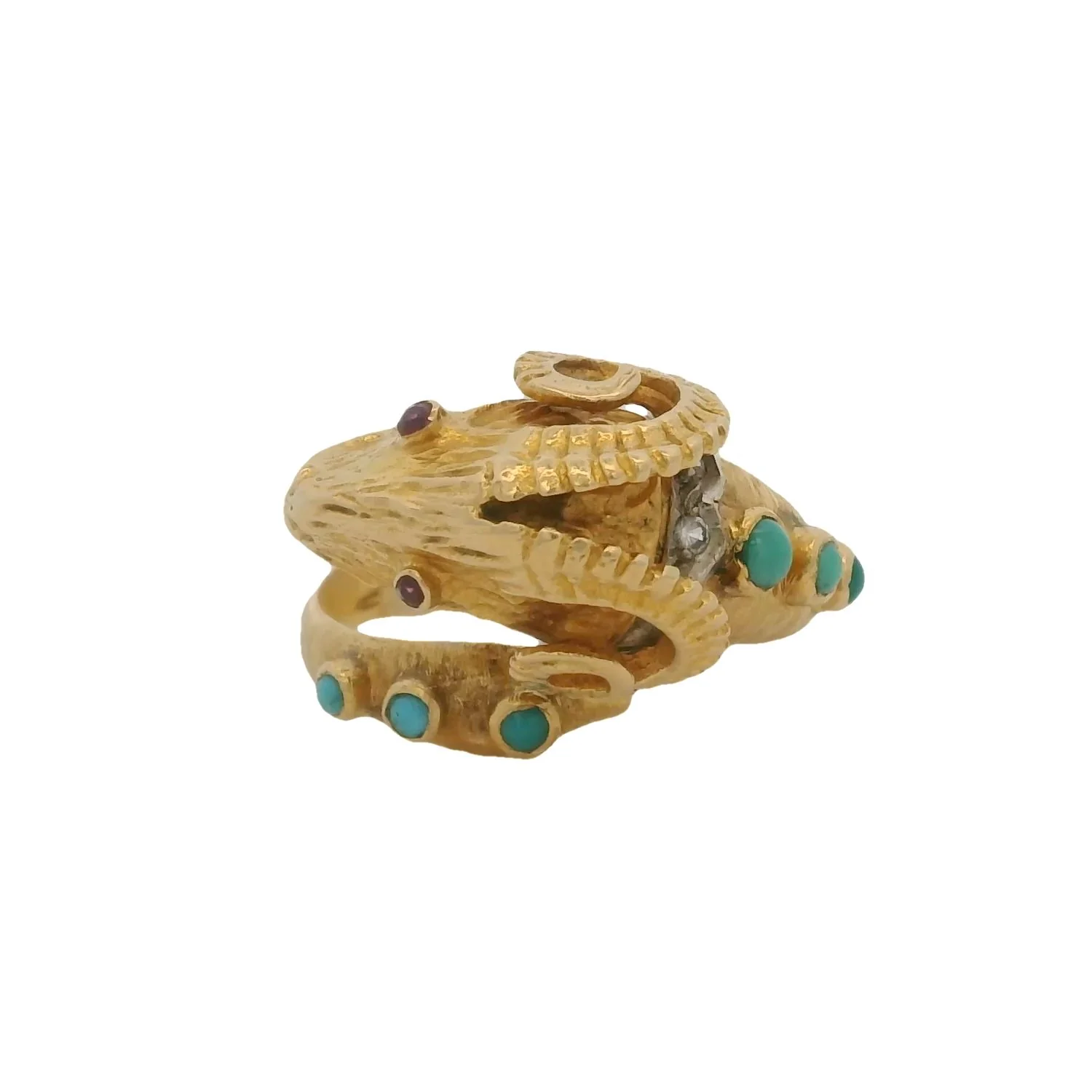 Vintage Solid 18kt Yellow Gold Ram's Head Ring with Turquoise, 3 Diamonds, and Ruby Eyes Size 8