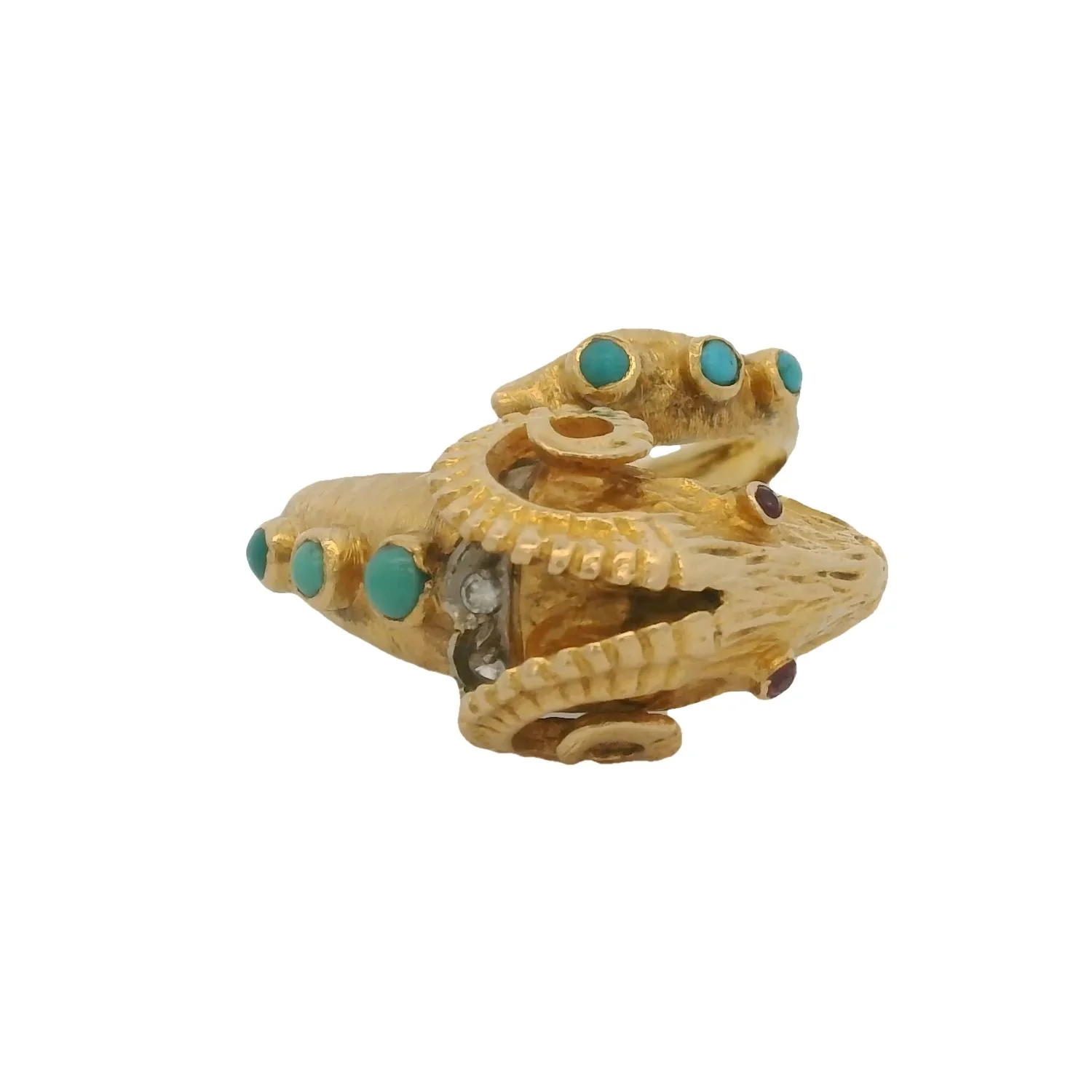Vintage Solid 18kt Yellow Gold Ram's Head Ring with Turquoise, 3 Diamonds, and Ruby Eyes Size 8 - Image 2