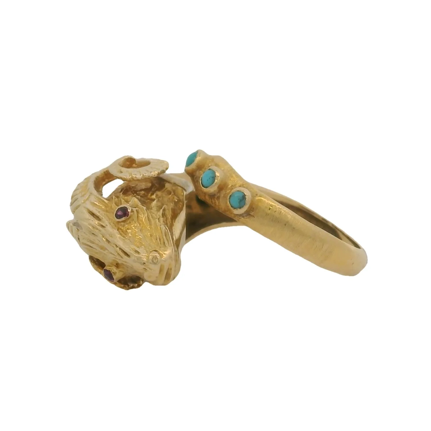 Vintage Solid 18kt Yellow Gold Ram's Head Ring with Turquoise, 3 Diamonds, and Ruby Eyes Size 8 - Image 3