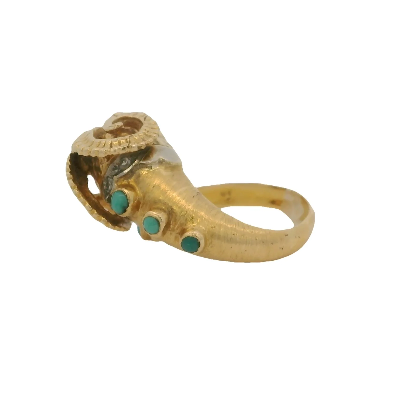 Vintage Solid 18kt Yellow Gold Ram's Head Ring with Turquoise, 3 Diamonds, and Ruby Eyes Size 8 - Image 4