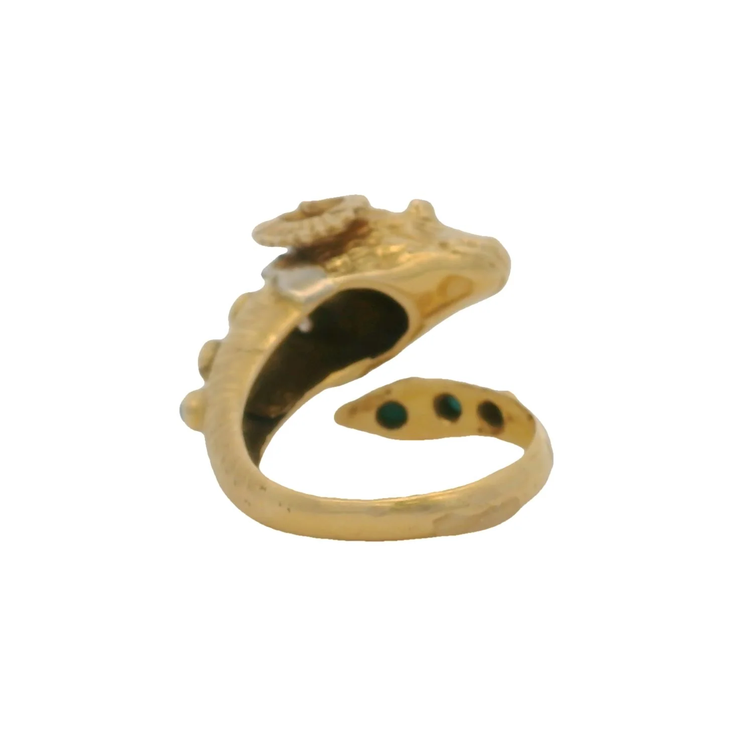 Vintage Solid 18kt Yellow Gold Ram's Head Ring with Turquoise, 3 Diamonds, and Ruby Eyes Size 8 - Image 6