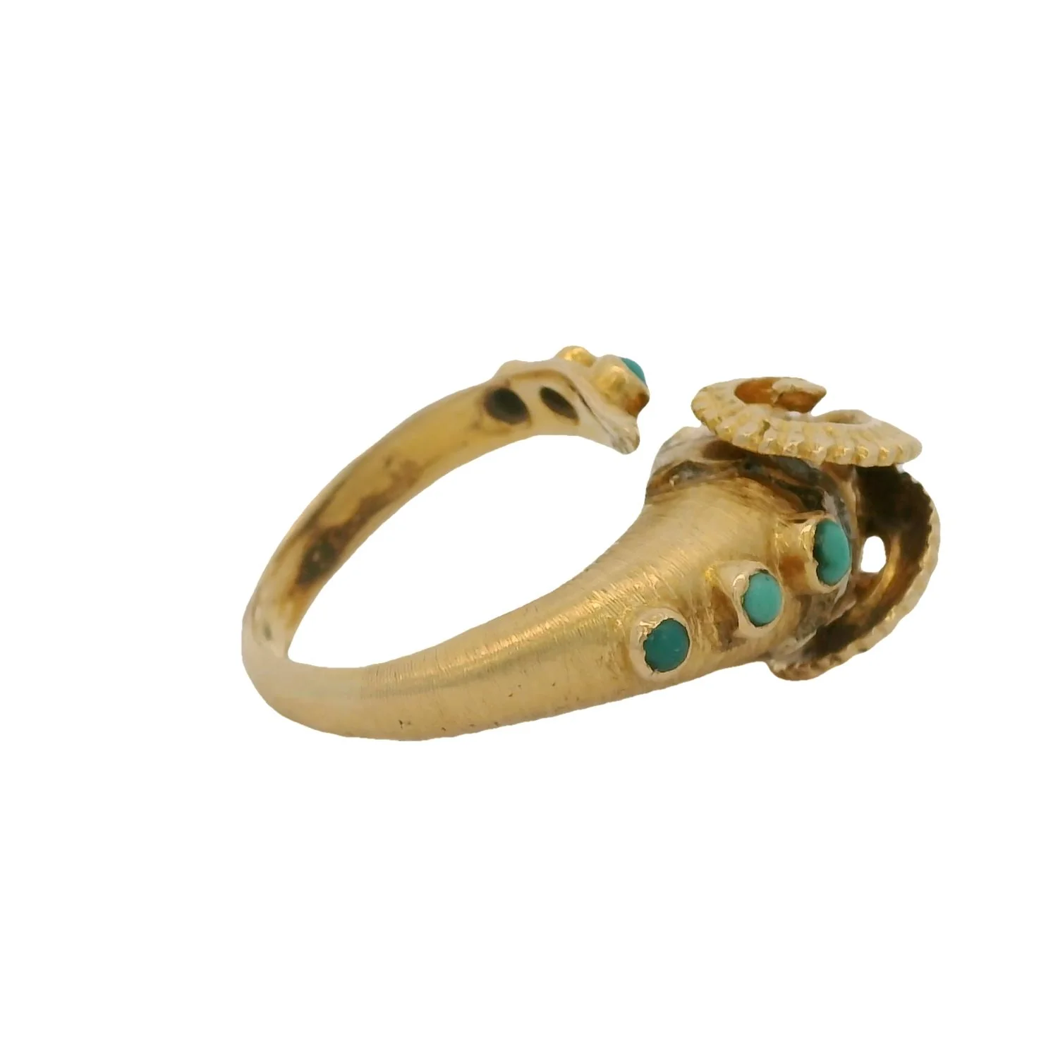 Vintage Solid 18kt Yellow Gold Ram's Head Ring with Turquoise, 3 Diamonds, and Ruby Eyes Size 8 - Image 7