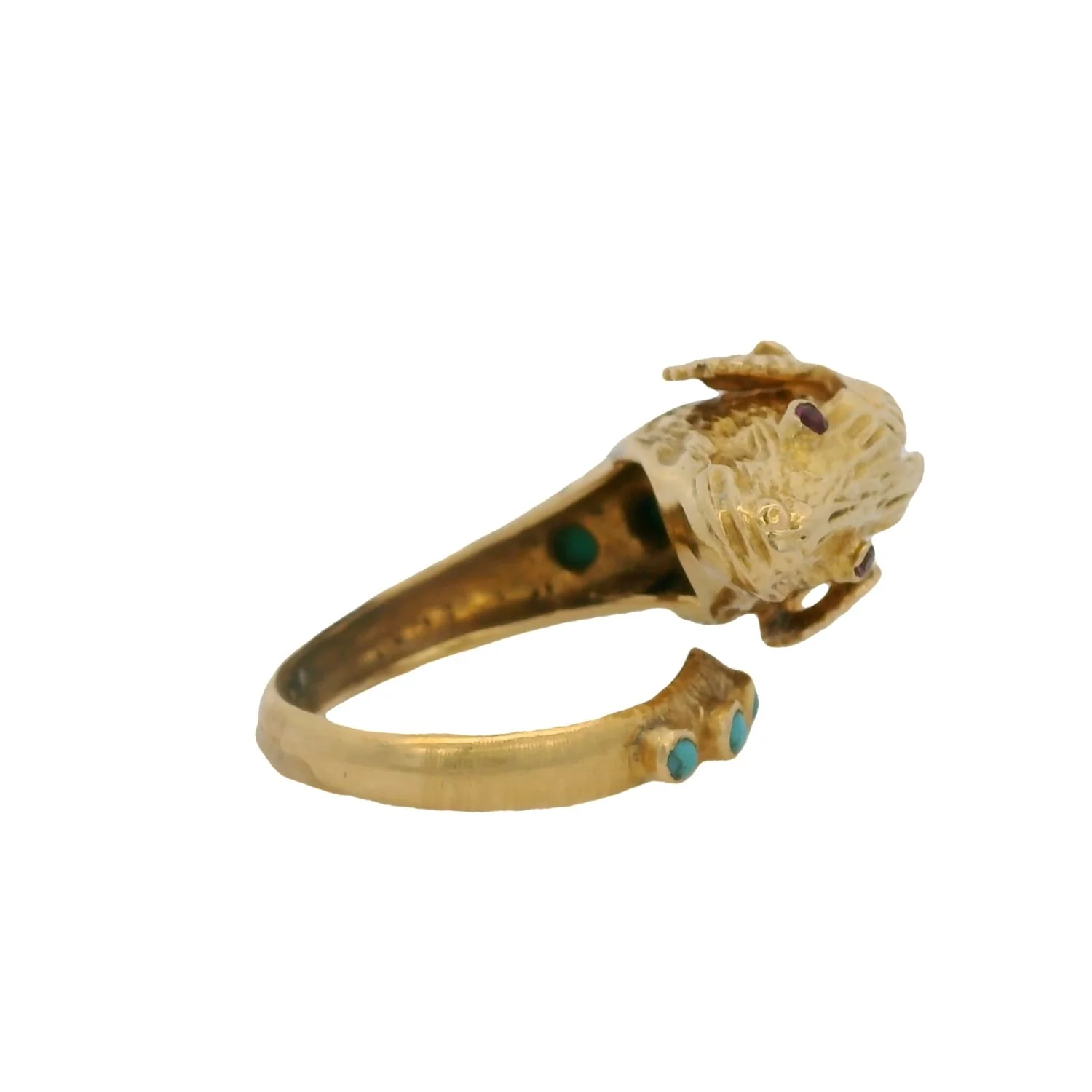 Vintage Solid 18kt Yellow Gold Ram's Head Ring with Turquoise, 3 Diamonds, and Ruby Eyes Size 8 - Image 8