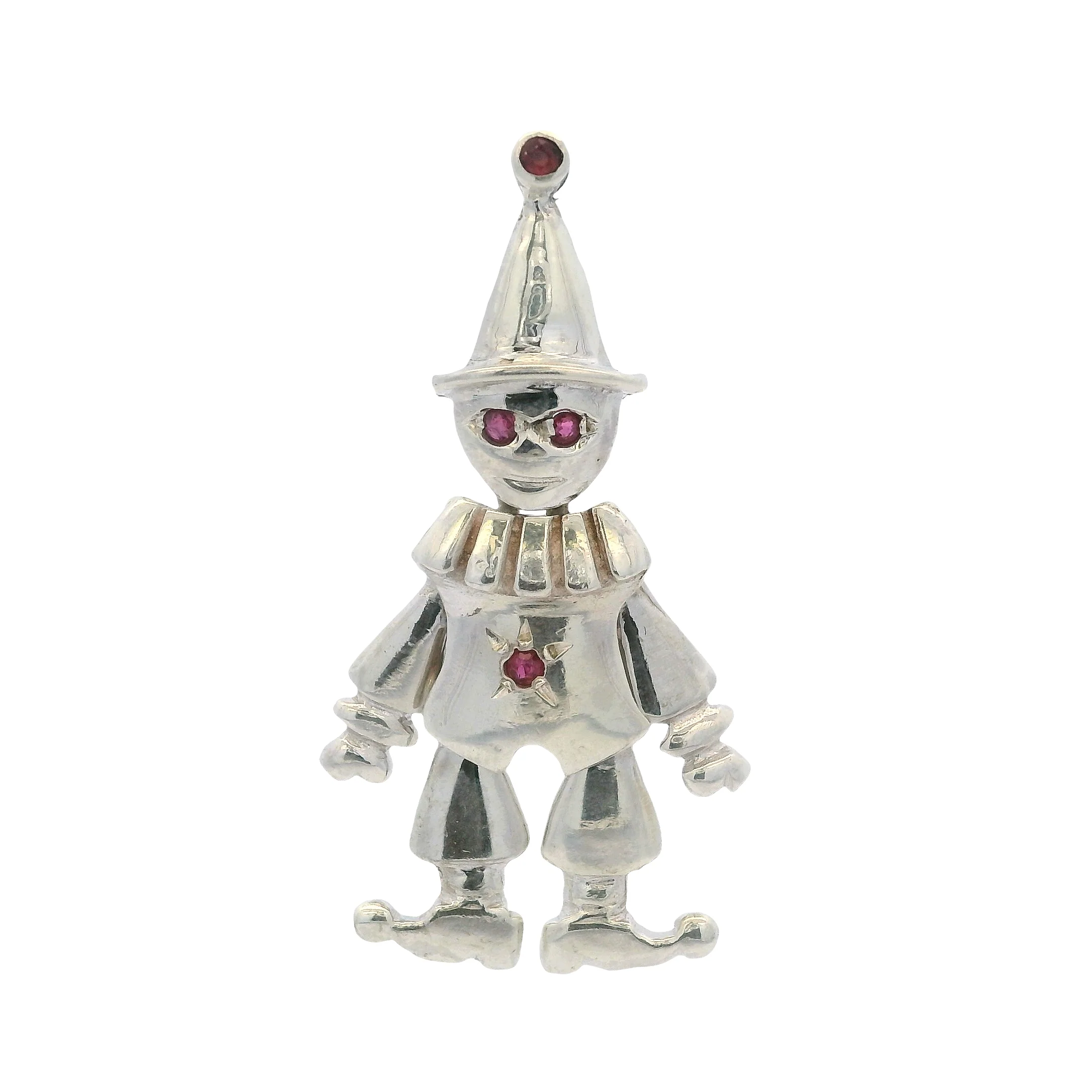 Vintage Solid 925 Sterling Silver and Lab Ruby Dancing Clown Articulated Pendant