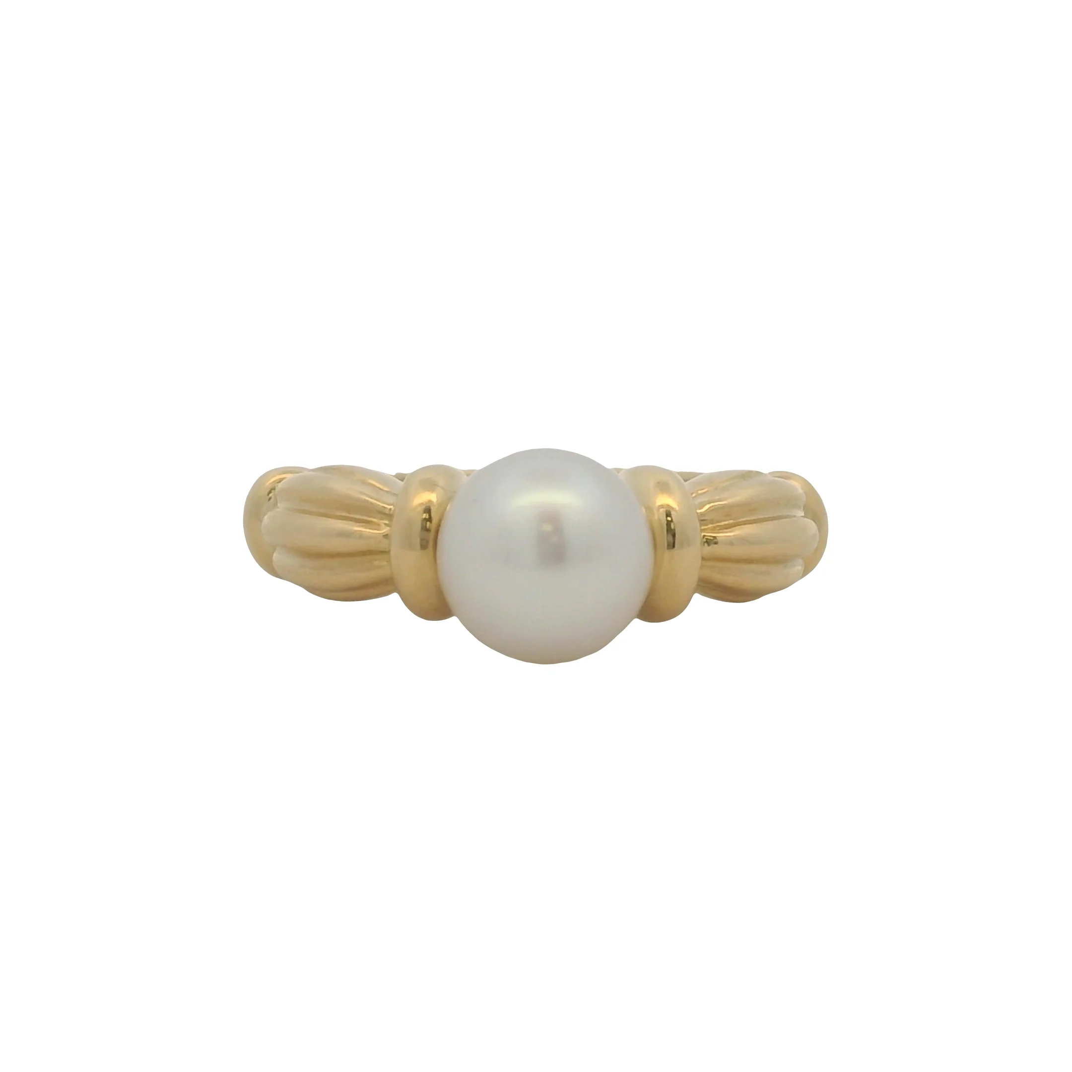 Vintage Tiffany & Co Solid 18kt Yellow Gold Pearl Solitaire Scalloped Band Ring Size 5.5 - Image 2