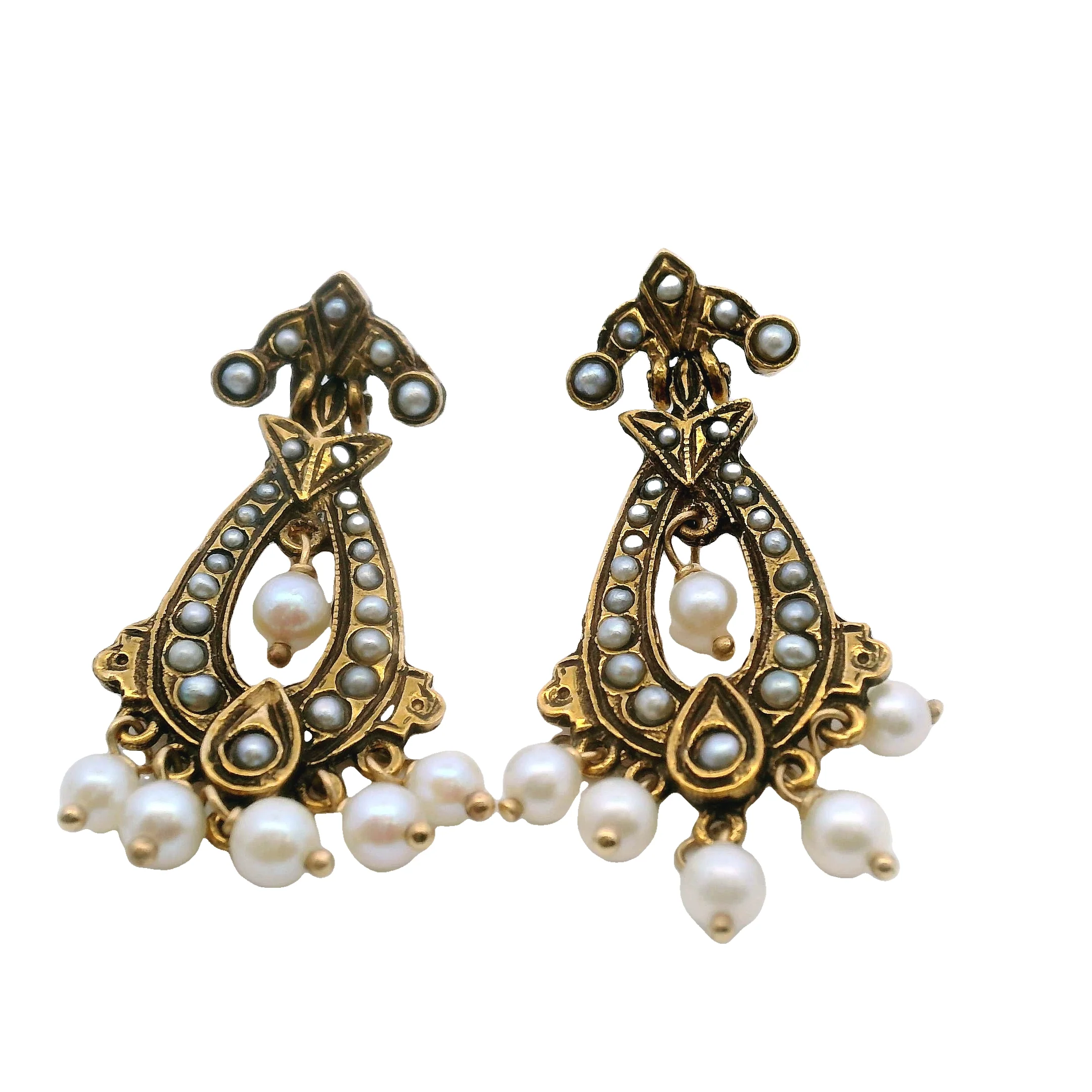 Vintage Victorian Revival 14kt Yellow Gold and Freshwater Seed Pearl Drop/Dangle Earrings - Image 2