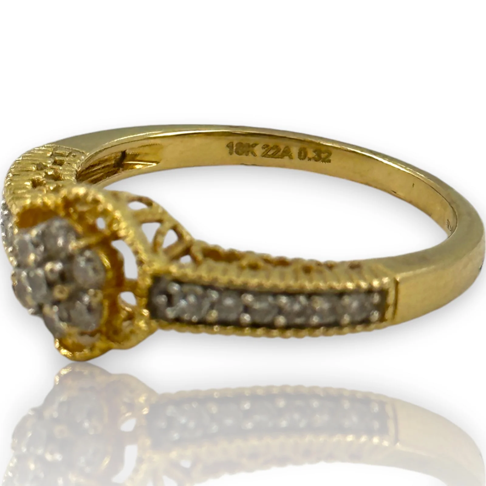 VJS Jewelry Solid 18kt Bright Yellow Gold Filigree Diamond Cluster Flower Ring with Diamond Sides Size 7 - Image 6
