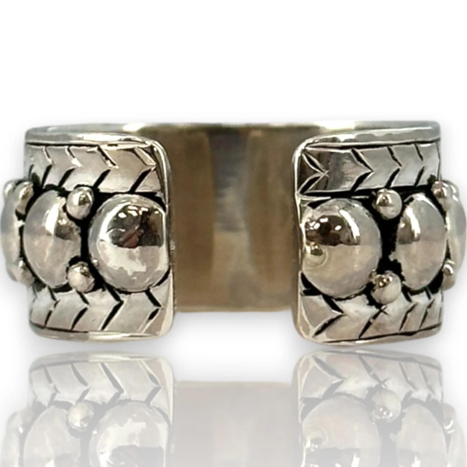 Yelli Jewels Handmade Moroccan 925 Sterling Silver Double Studs Adjustable 9.8mm Band Ring with Hand-Chiseled Details - Image 2