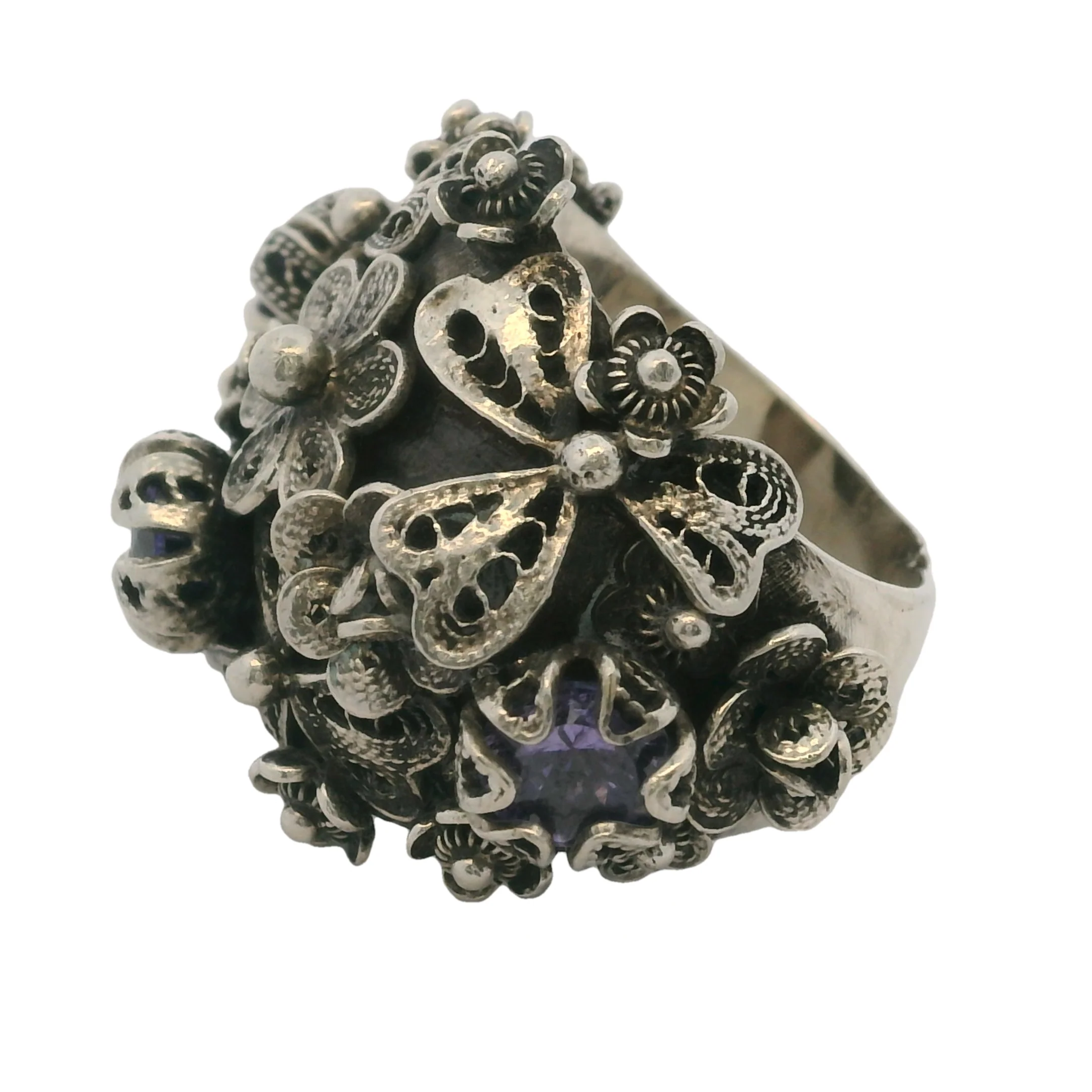 Yvone Christa New York 925 Sterling Large Filigree Flower Bouquet Adjustable Back Ring Size 7 - Image 3